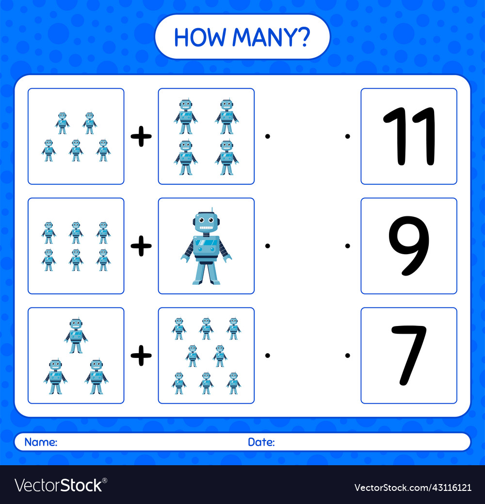 How many counting game with robot toy worksheet vector image How many counting game with robot toy worksheet