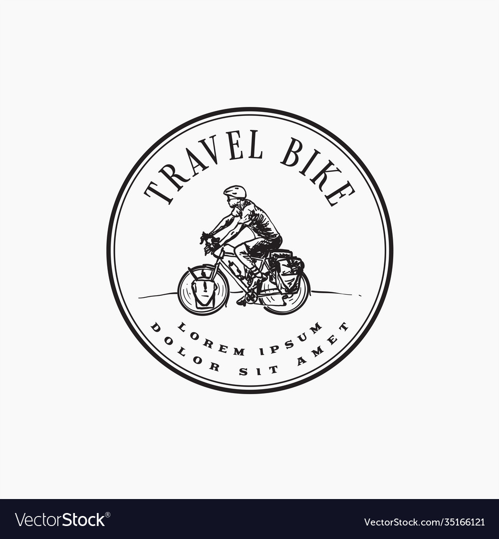 Man riding travel bike outdoor sport round label