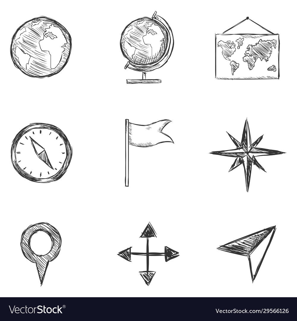 Set sketch geography and navigation icons Vector Image Set sketch geography and navigation icons