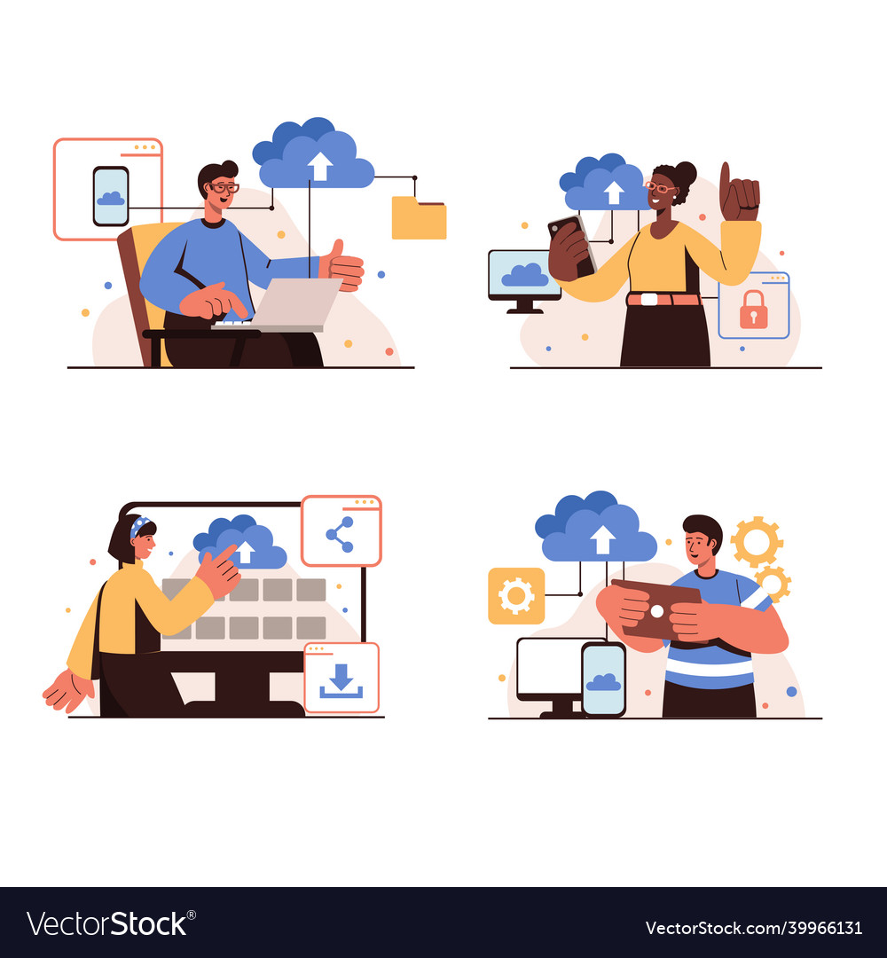 Cloud computing concept isolated scenes set