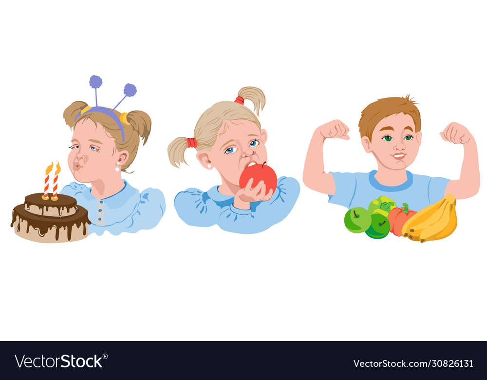Set cartoon kids eating fruits vegetables Vector Image Set cartoon kids eating fruits vegetables Vector Image