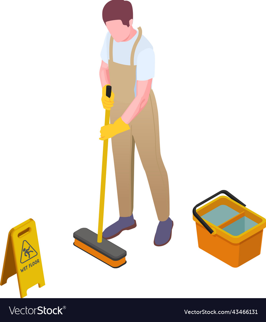 Wet floor sweeping composition Royalty Free Vector Image
