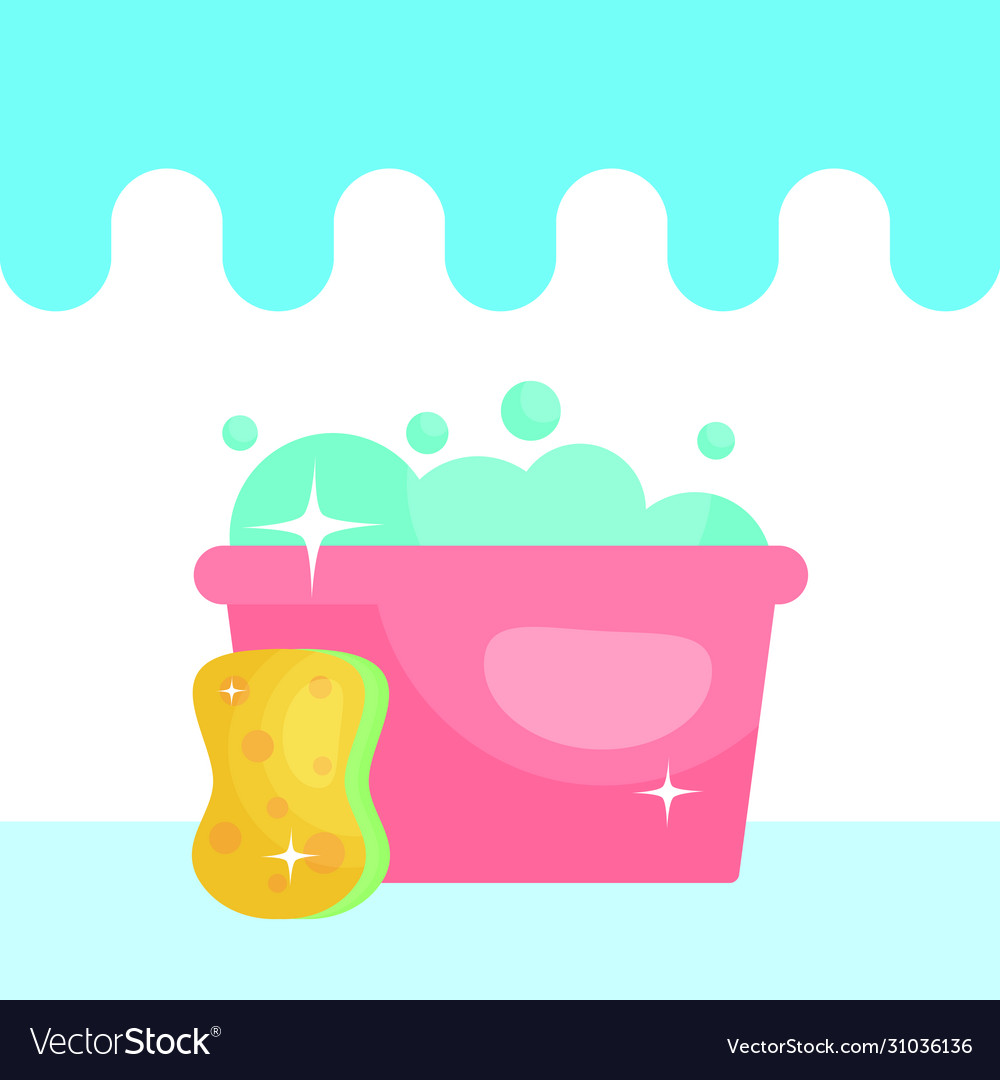 Cleaning sponge and bucket with soapy water