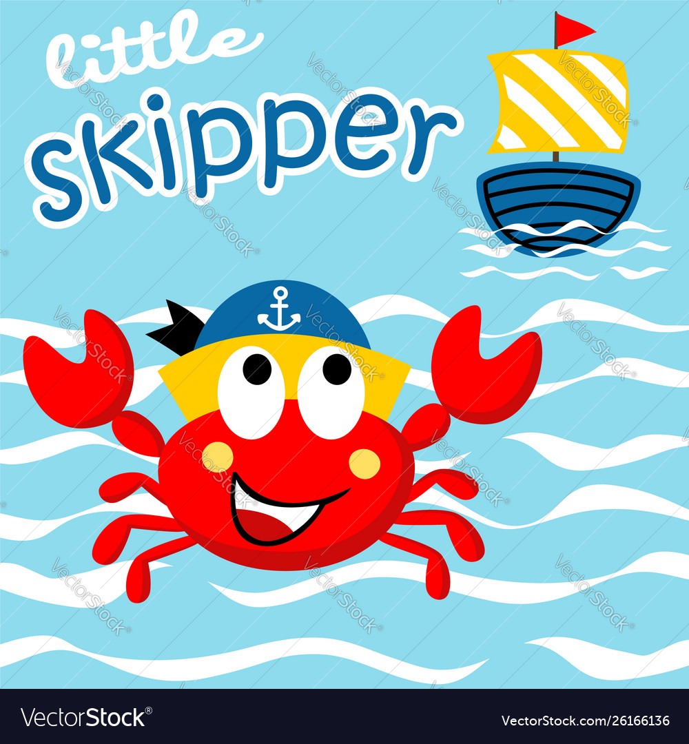 Funny crab cartoon with small sailboat