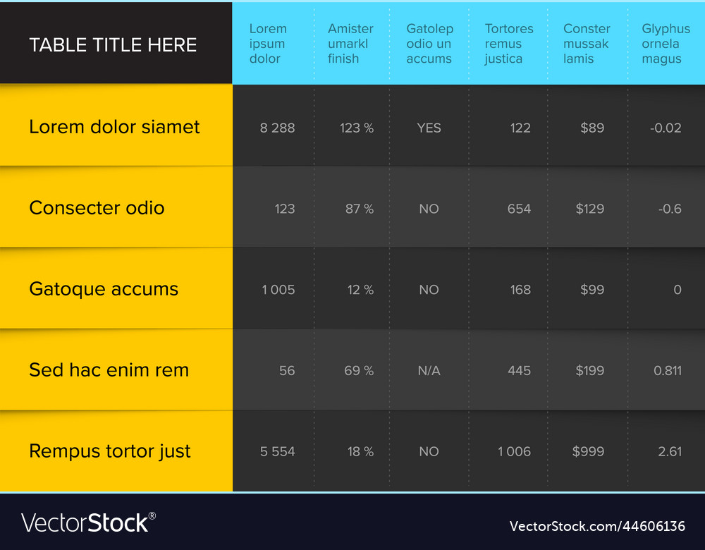 Simple dark stylized data table layout template Vector Image Simple dark stylized data table layout template