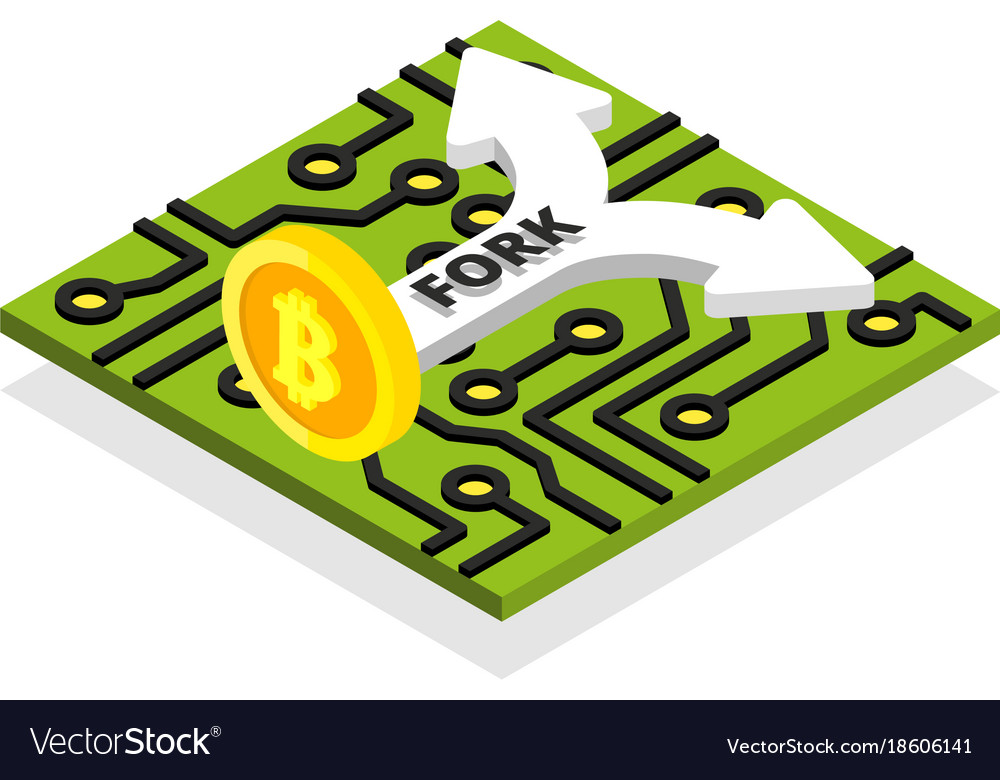 Bitcoin fork with processor board and arrow
