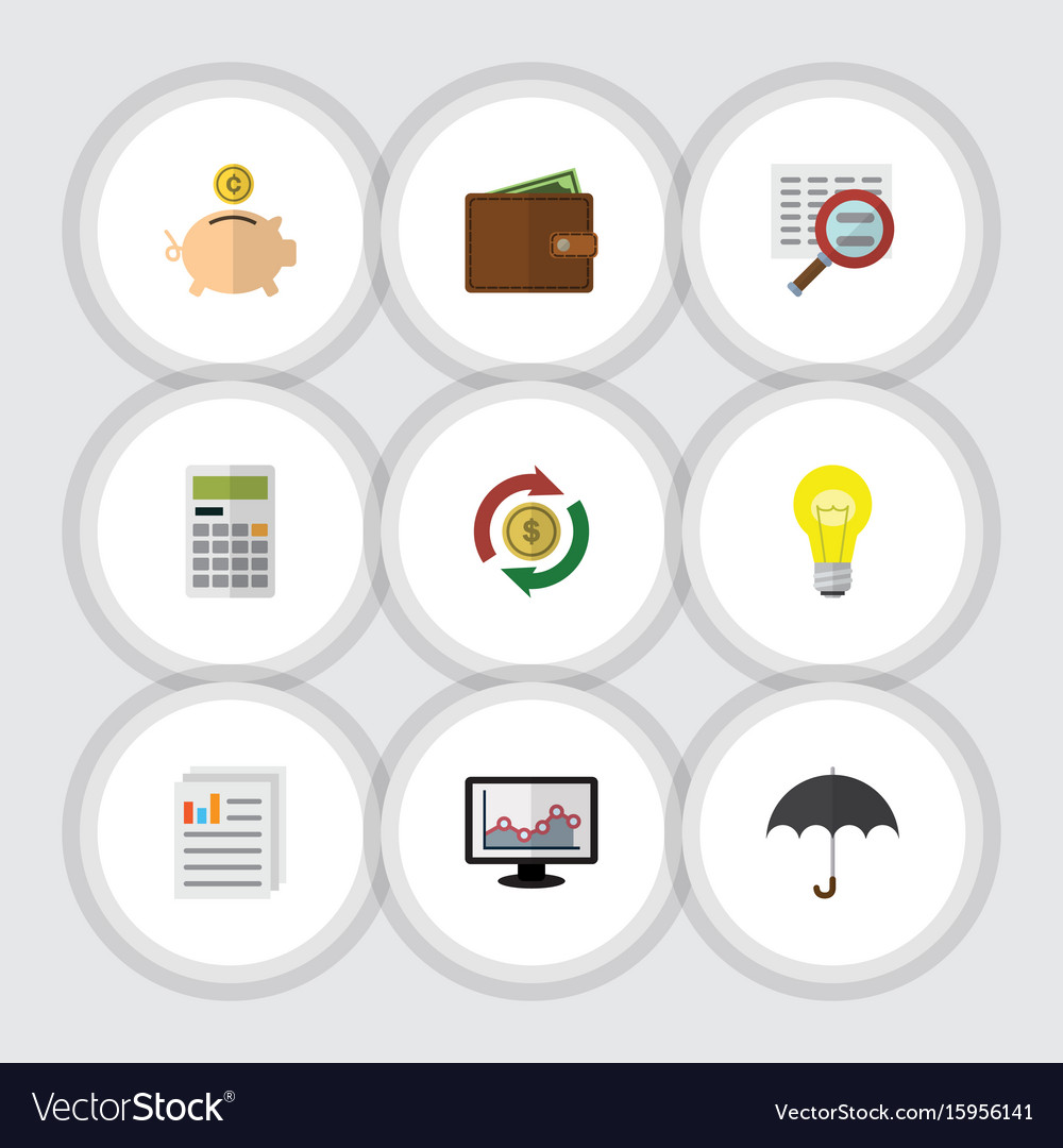 Flat icon finance set of calculate parasol scan