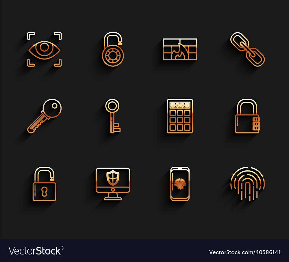 Set line open padlock computer monitor and shield vector image Set line open padlock computer monitor and shield