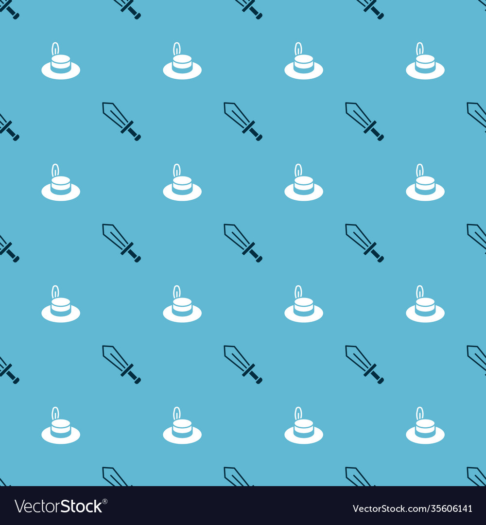 Set sword for game and man hat on seamless pattern