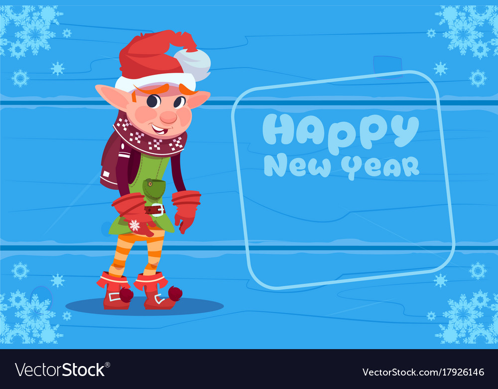 Cute elf on happy new year greeting card christmas