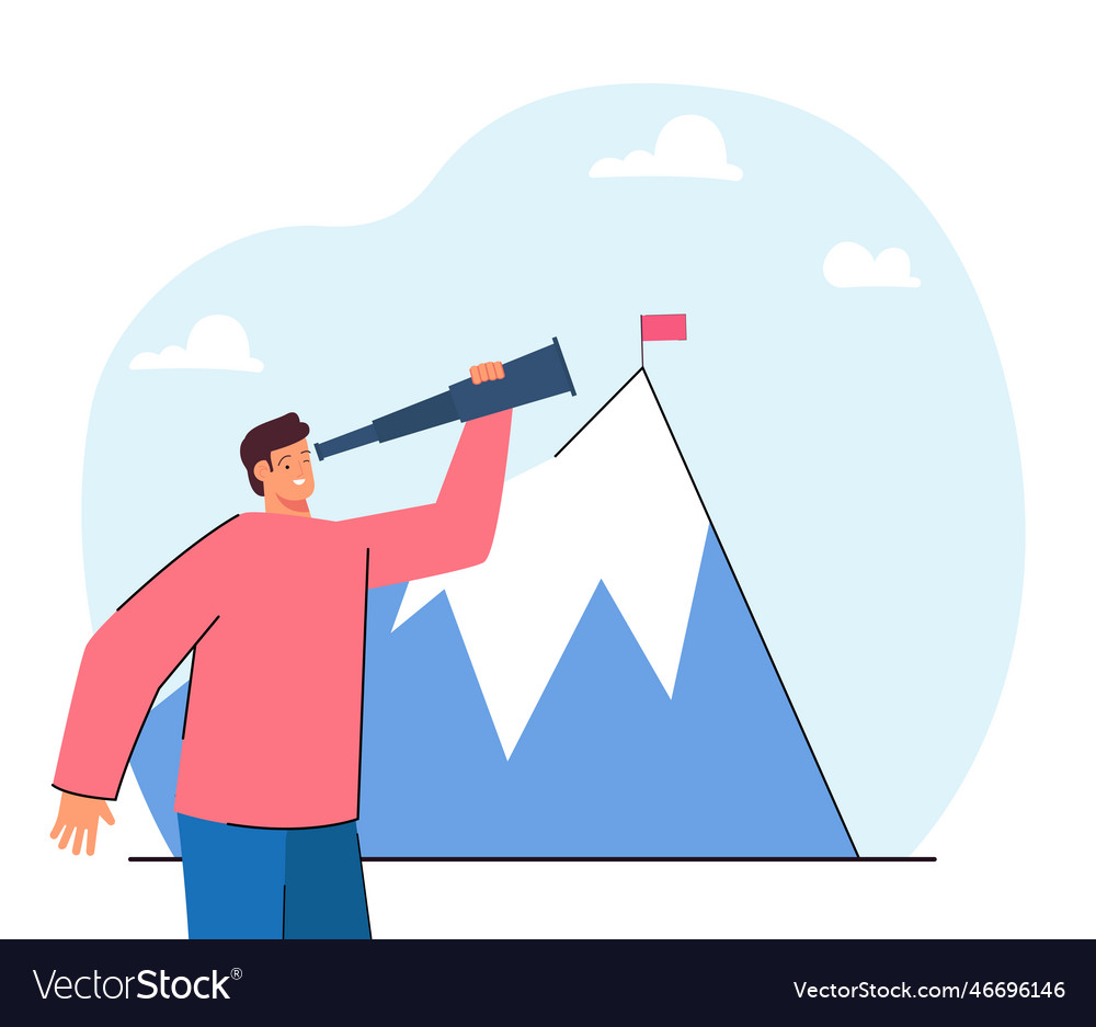 Man looking at flag on mountain peak through Vector Image