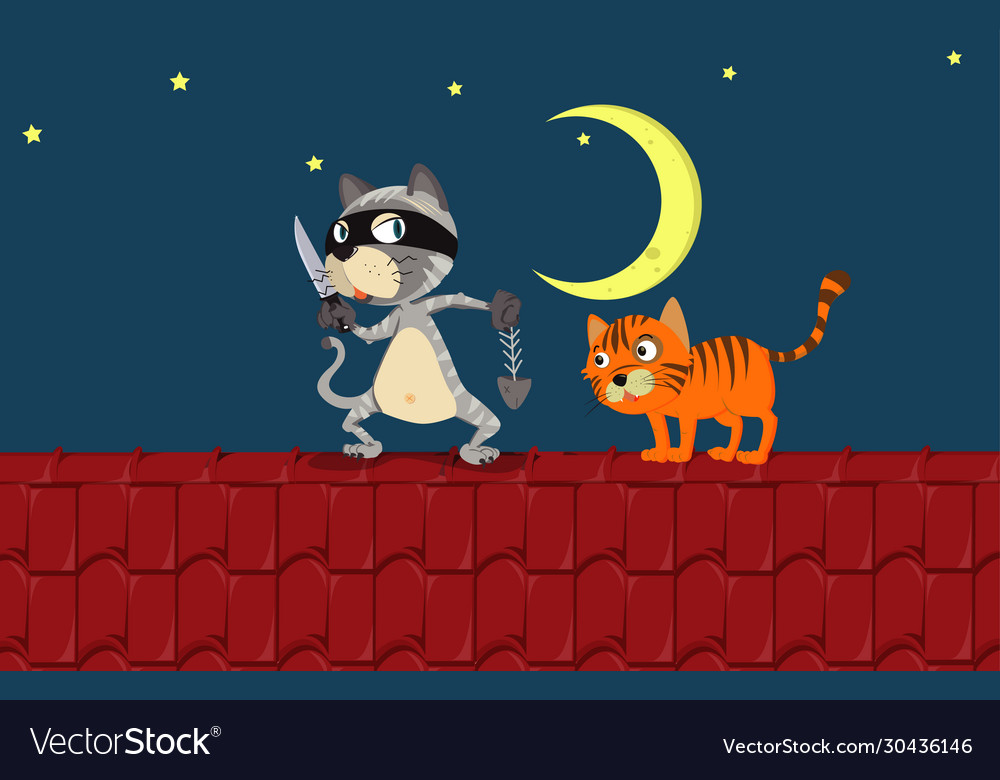Two cats on roof at night Royalty Free Vector Image Two cats on roof at night Royalty Free Vector Image