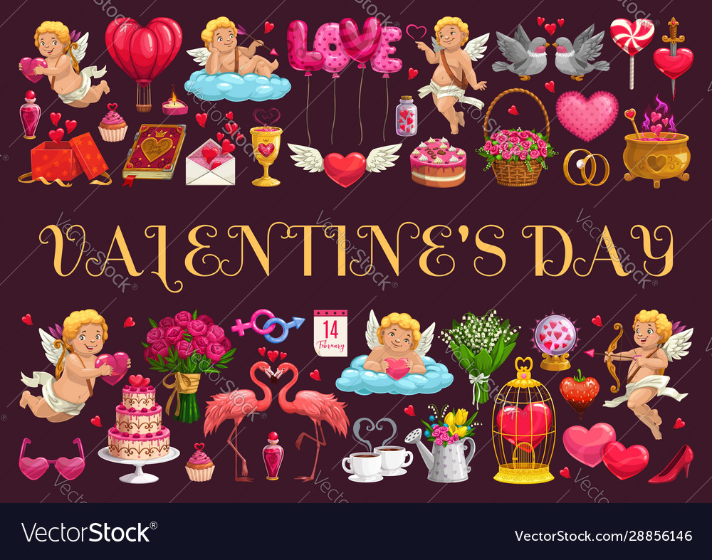 Valentines day symbols and angels Royalty Free Vector Image