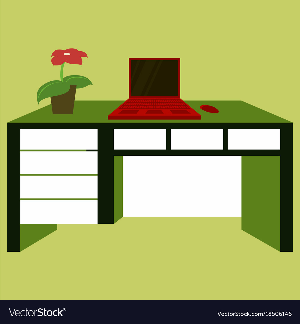 Workplace Desk Computer Plant Top Angle View Flat Vector Image