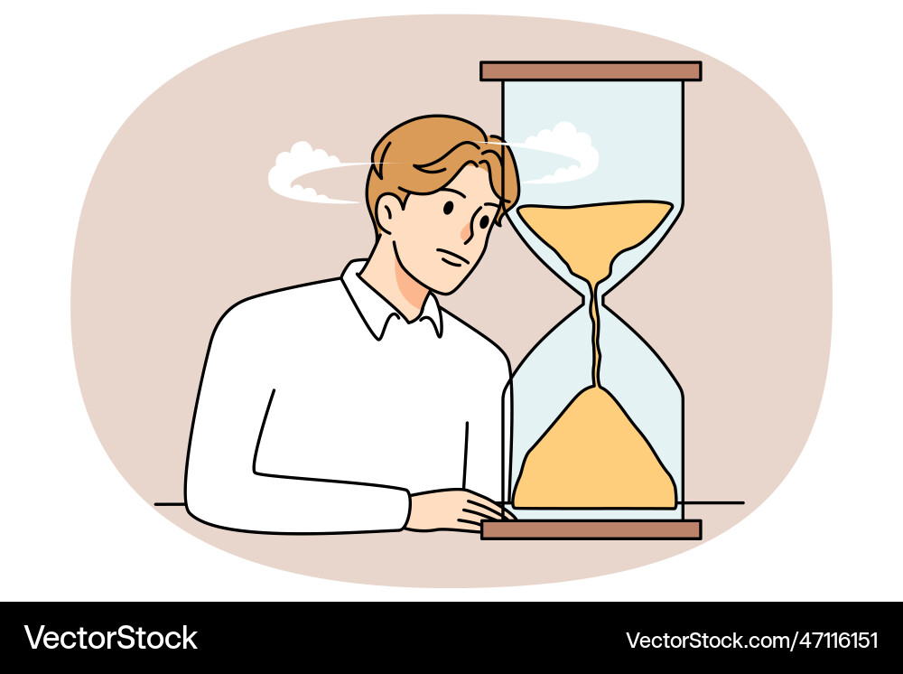 Bored man look at hourglass waiting Royalty Free Vector