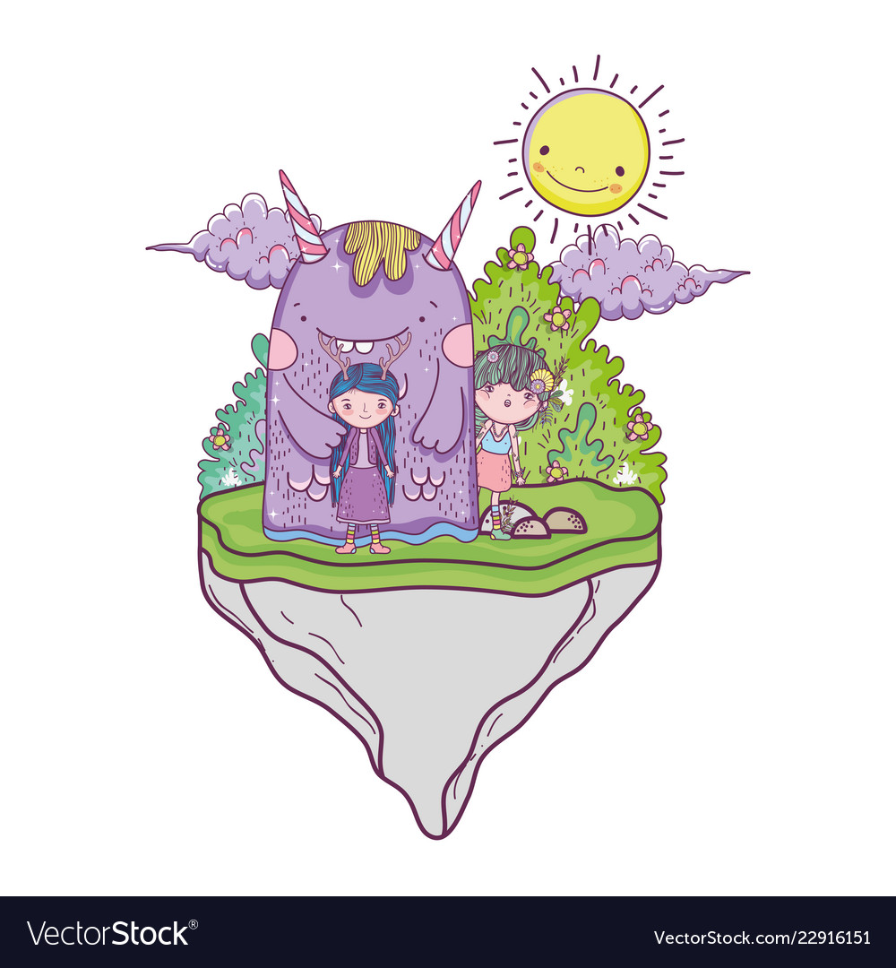 Cute little fairies couple with monster