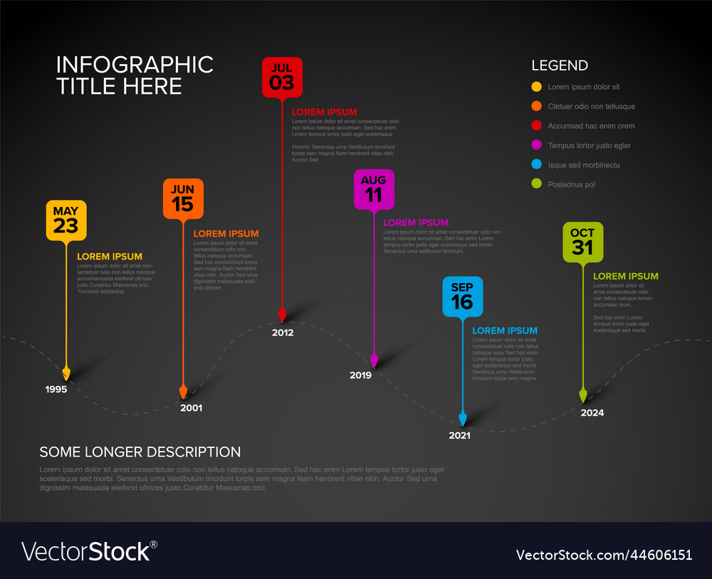 Dark timeline with six square droplet pointers vector image Dark timeline with six square droplet pointers