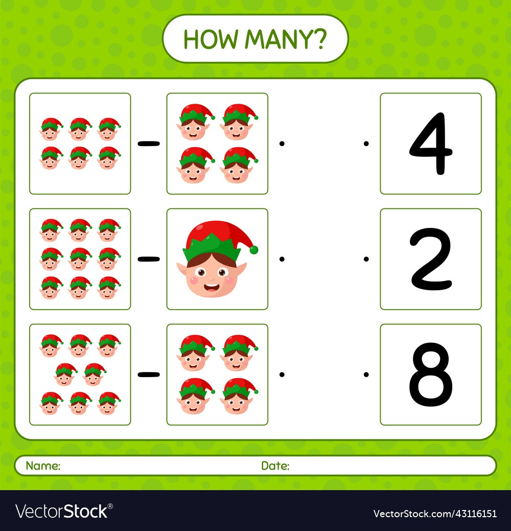 How many counting game with elf worksheet Vector Image How many counting game with elf worksheet
