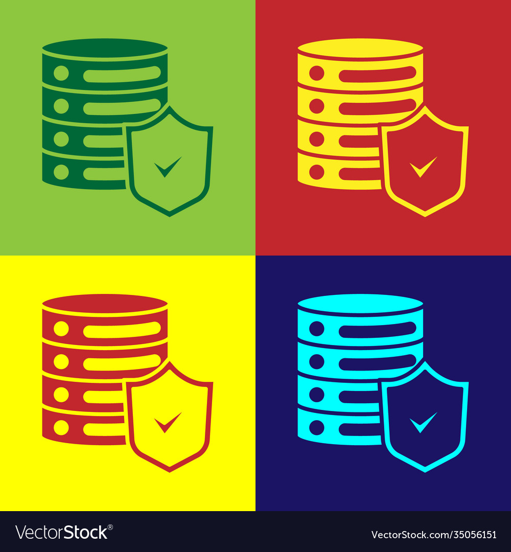Pop art server with shield icon isolated on color
