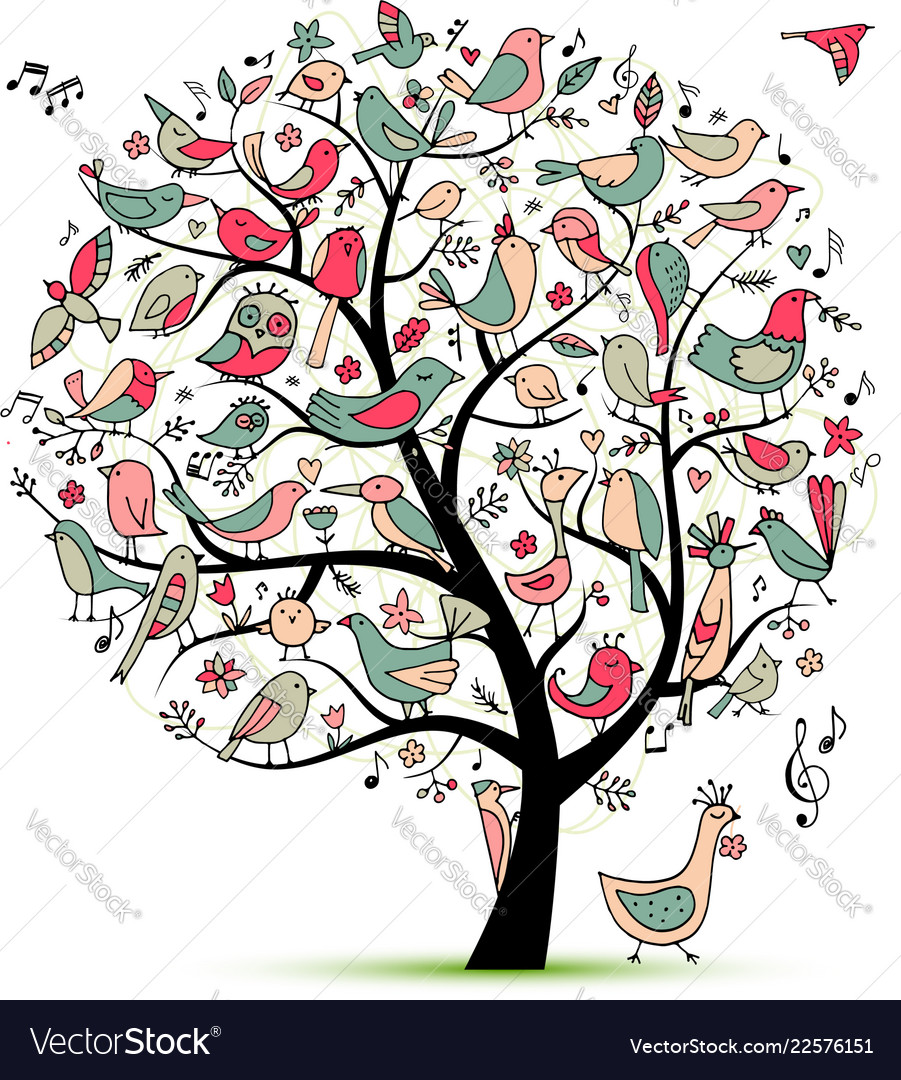 Tree with birds sketch for your design vector image Tree with birds sketch for your design