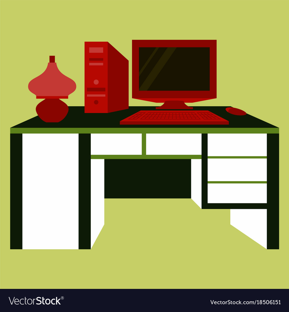 Workplace Desk Computer Lamp Top Angle View Flat Vector Image