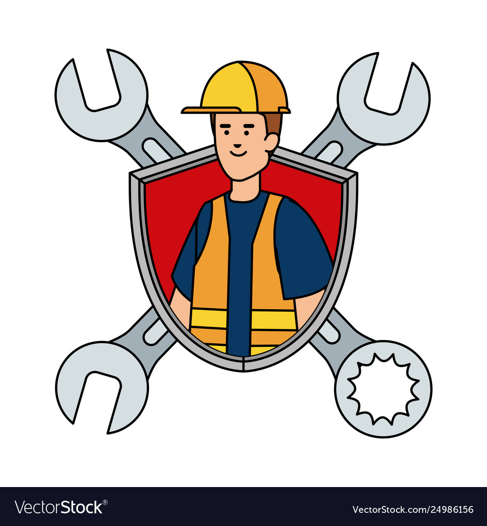 Builder worker with helmet and wrenches in shield vector image Builder worker with helmet and wrenches in shield