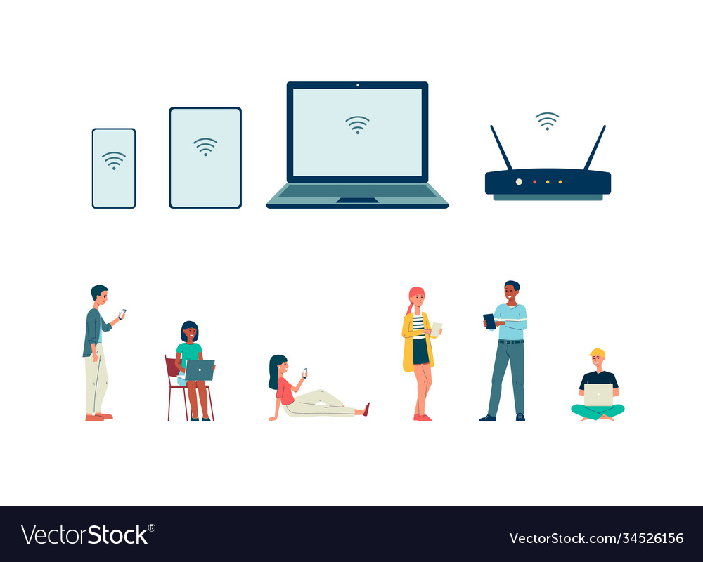 Remote internet connection set with people flat