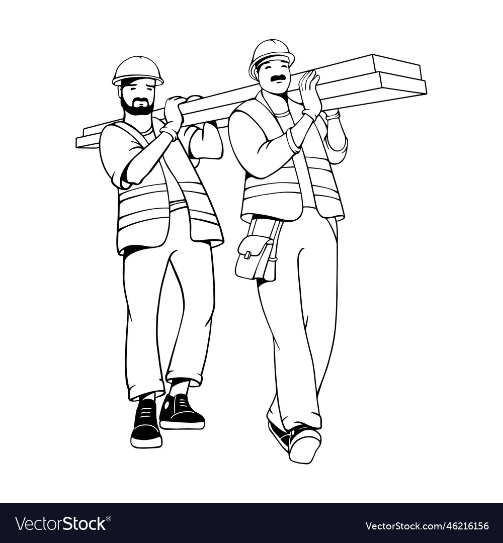 Two builders carry planks outline carpenter Vector Image