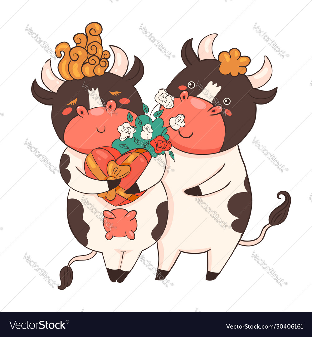 Cartoon characters bull and cow for valentine s vector image Cartoon characters bull and cow for valentine s