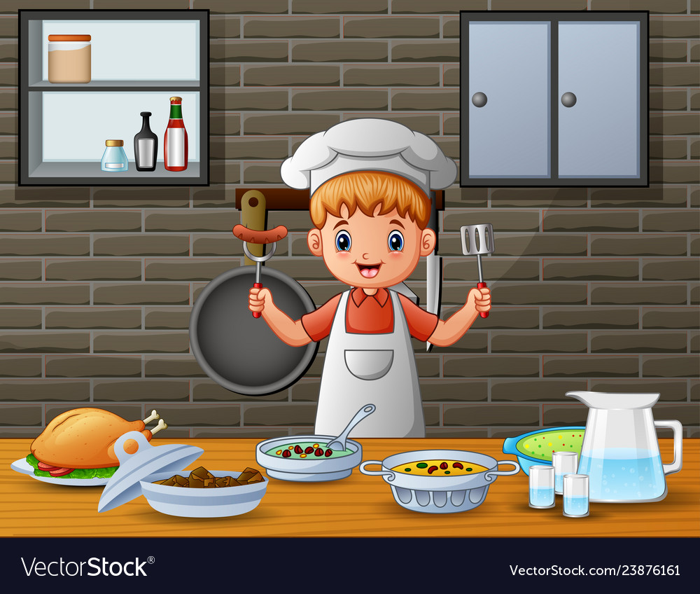 Men in chefs clothing serve food at dining tab Vector Image