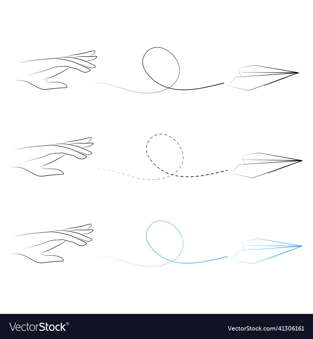 Set of hand throwing paper plane icons outline