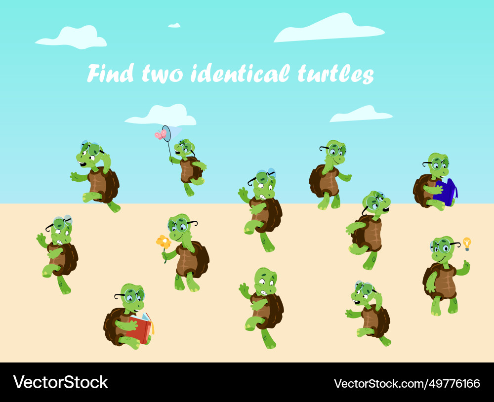 Cartoon turtle find identical tortoises Royalty Free Vector