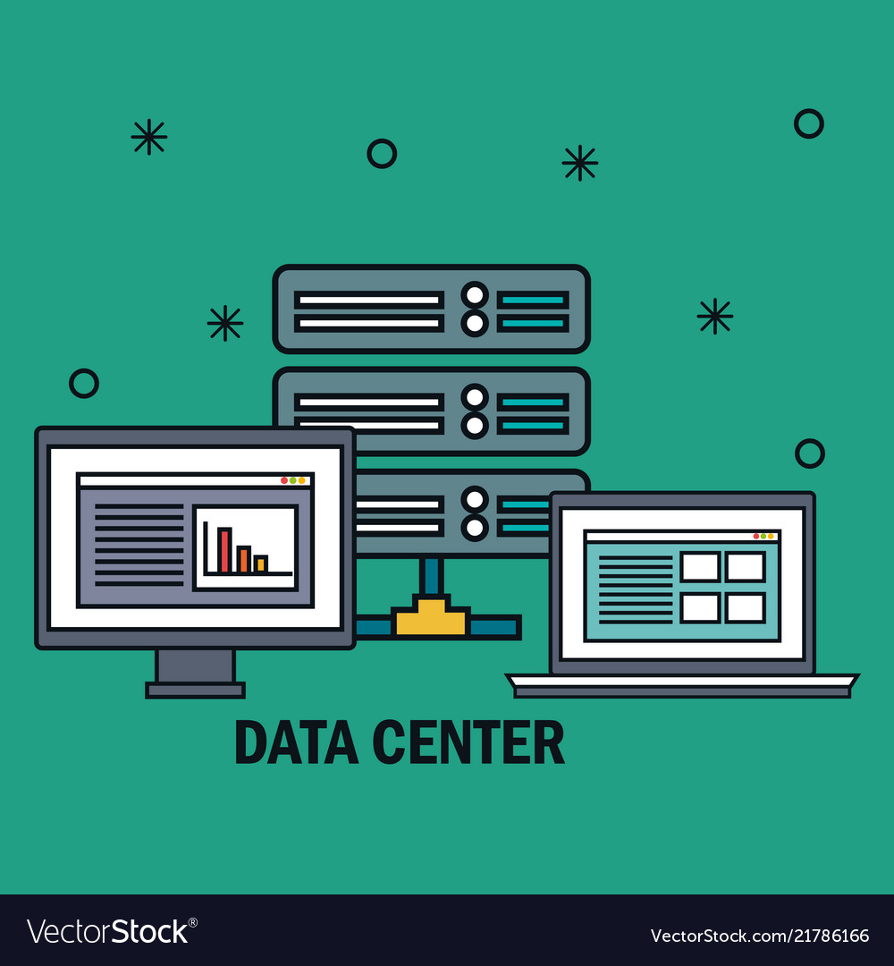 Desktop computer with data center icons vector image Desktop computer with data center icons