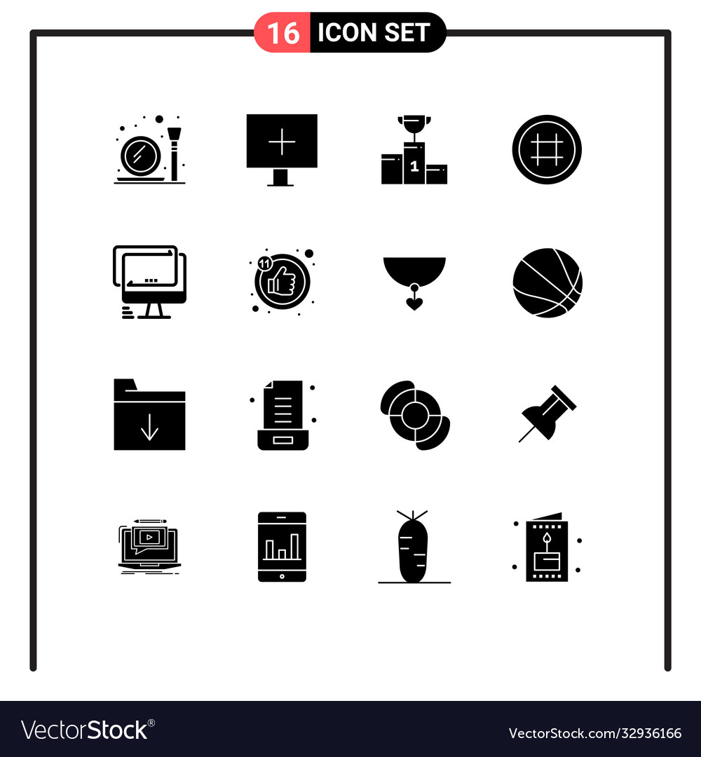 Set 16 solid glyphs on grid for computer ui