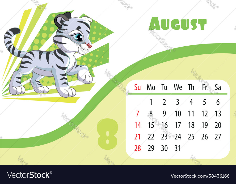 Tiger desk calendar design template for august