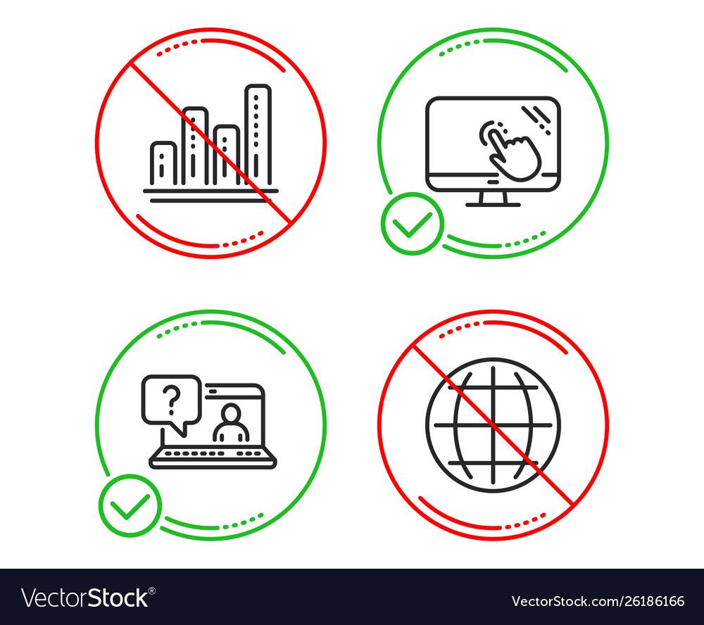 Touch screen faq and graph chart icons set globe vector image Touch screen faq and graph chart icons set globe