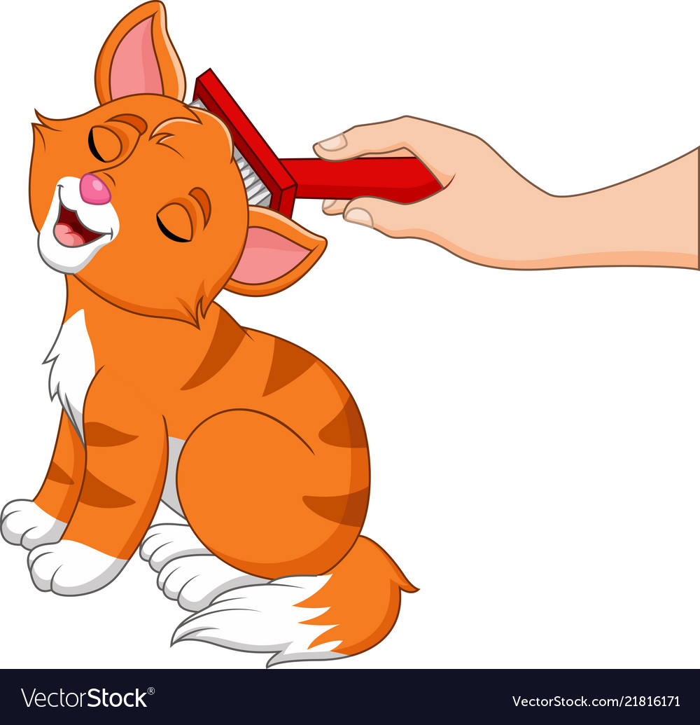 Cartoon hand brushing cat with a comb