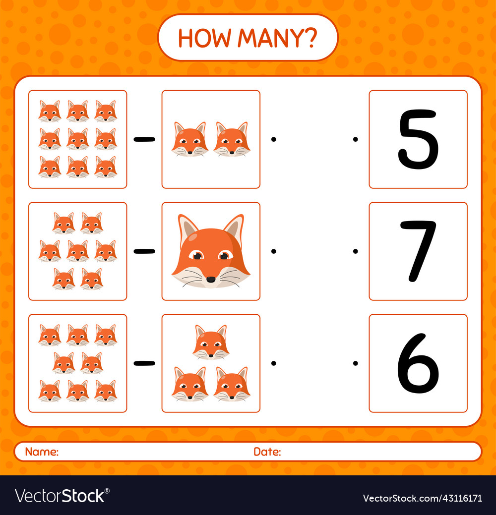 How many counting game with red fox worksheet vector image How many counting game with red fox worksheet