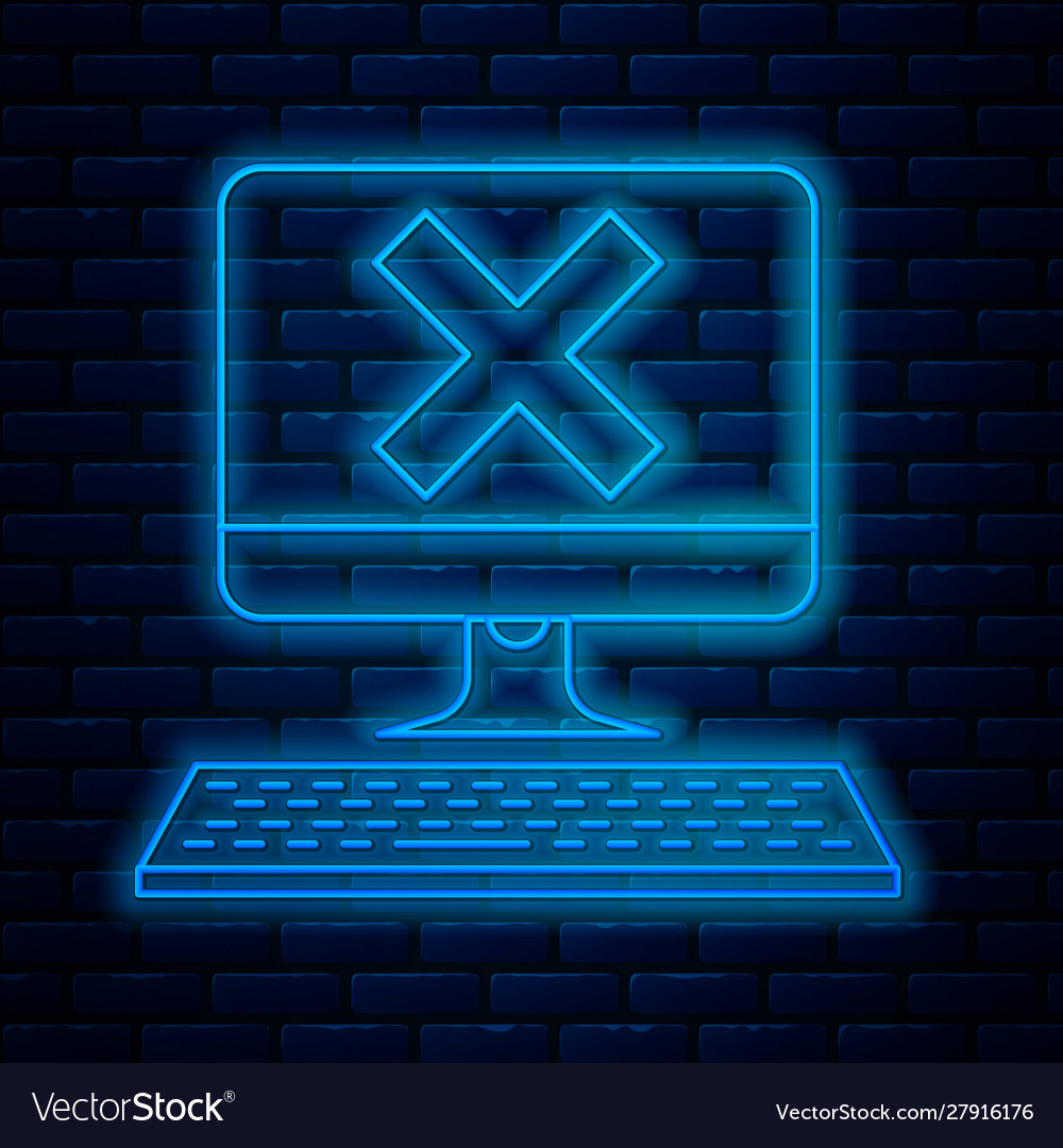 Glowing neon line computer with keyboard and x vector image Glowing neon line computer with keyboard and x