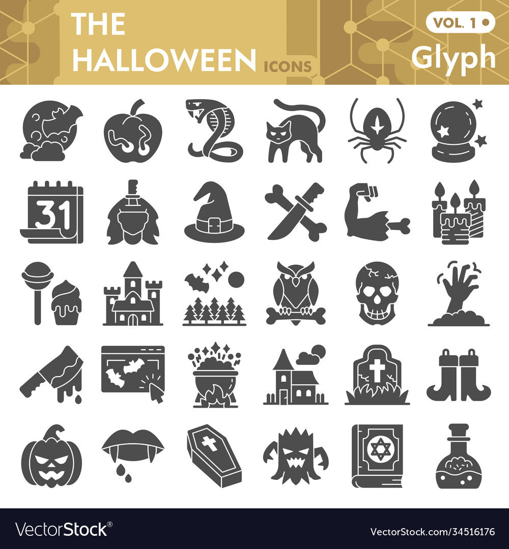 Halloween solid icon set magical attributes Vector Image