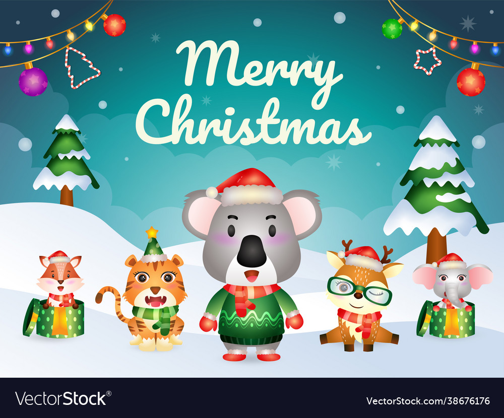 Merry christmas greeting card with cute animals Vector Image