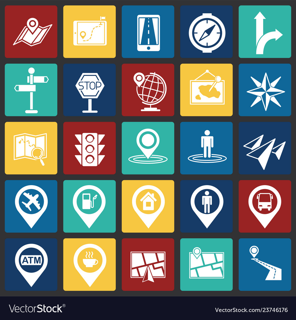 Navigation icon set on color squares back vector image Navigation icon set on color squares back
