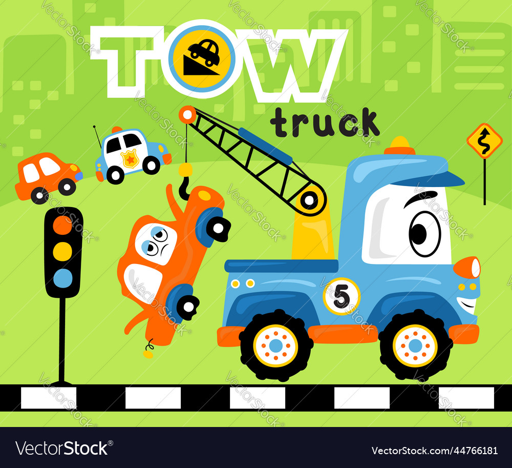 Funny tow truck cartoon towing wreck car Vector Image