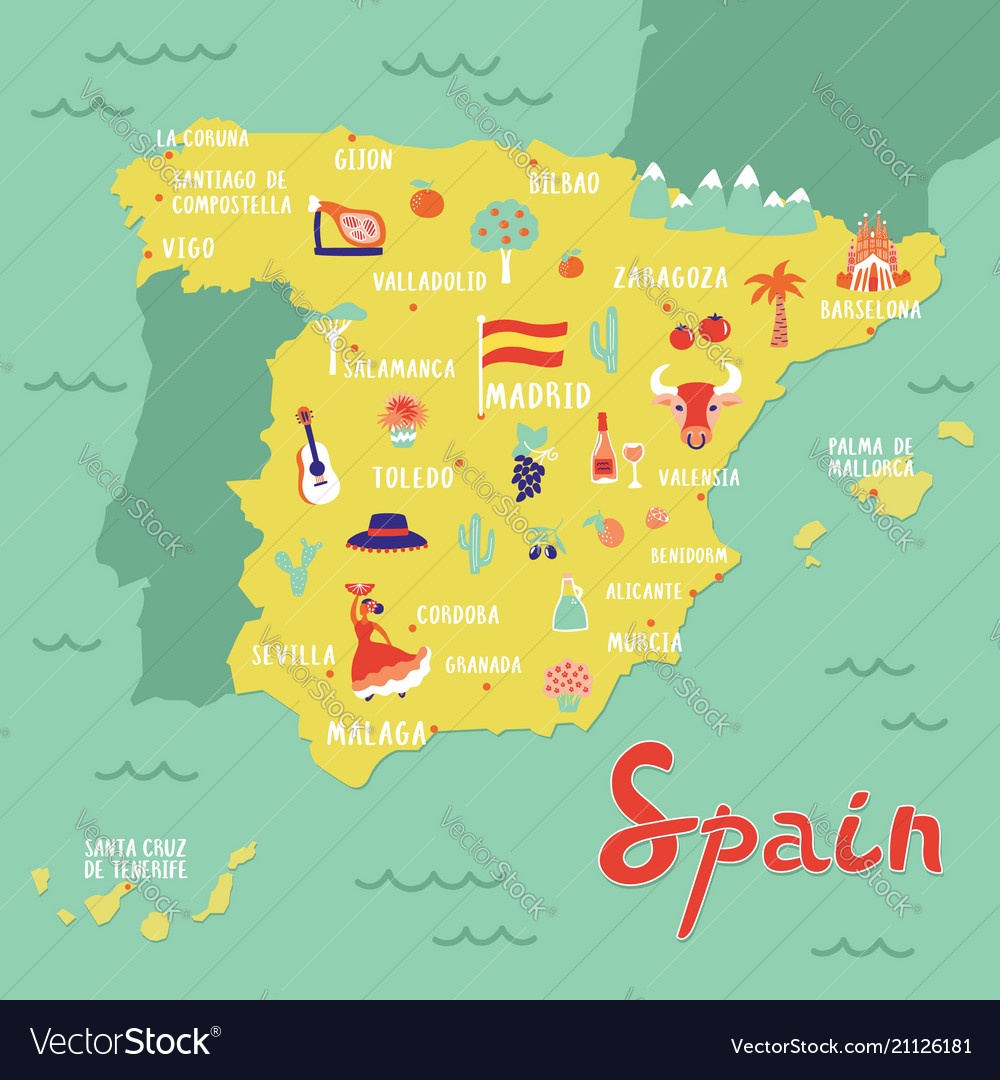 Map Spain With Landmarks People Food And Vector Image