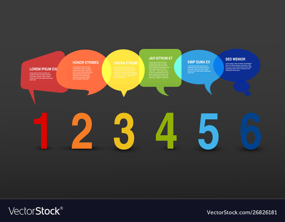 Sechs Schritte Vorlage mit Blasen und Zahlen