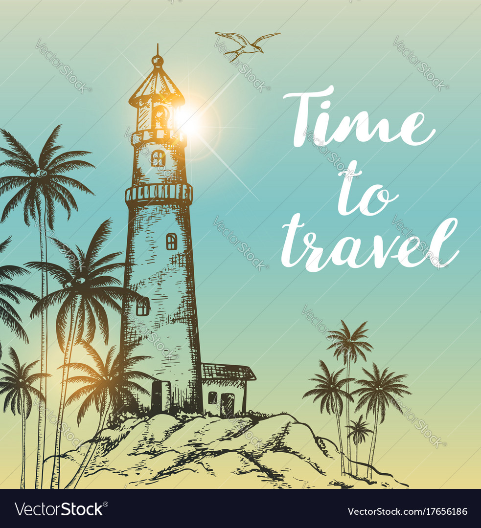 Background with lighthouse and palms