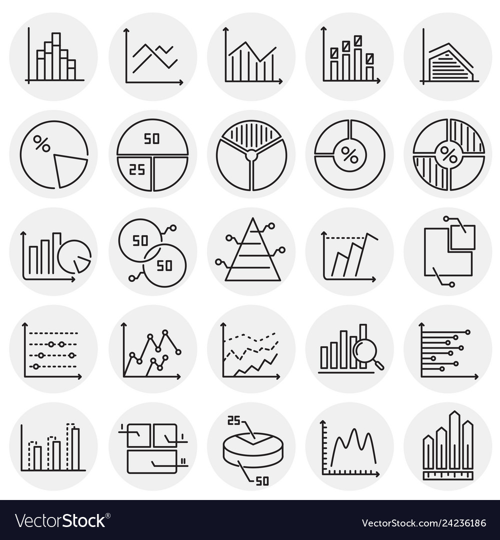 Graph line icons set on circles background vector image Graph line icons set on circles background