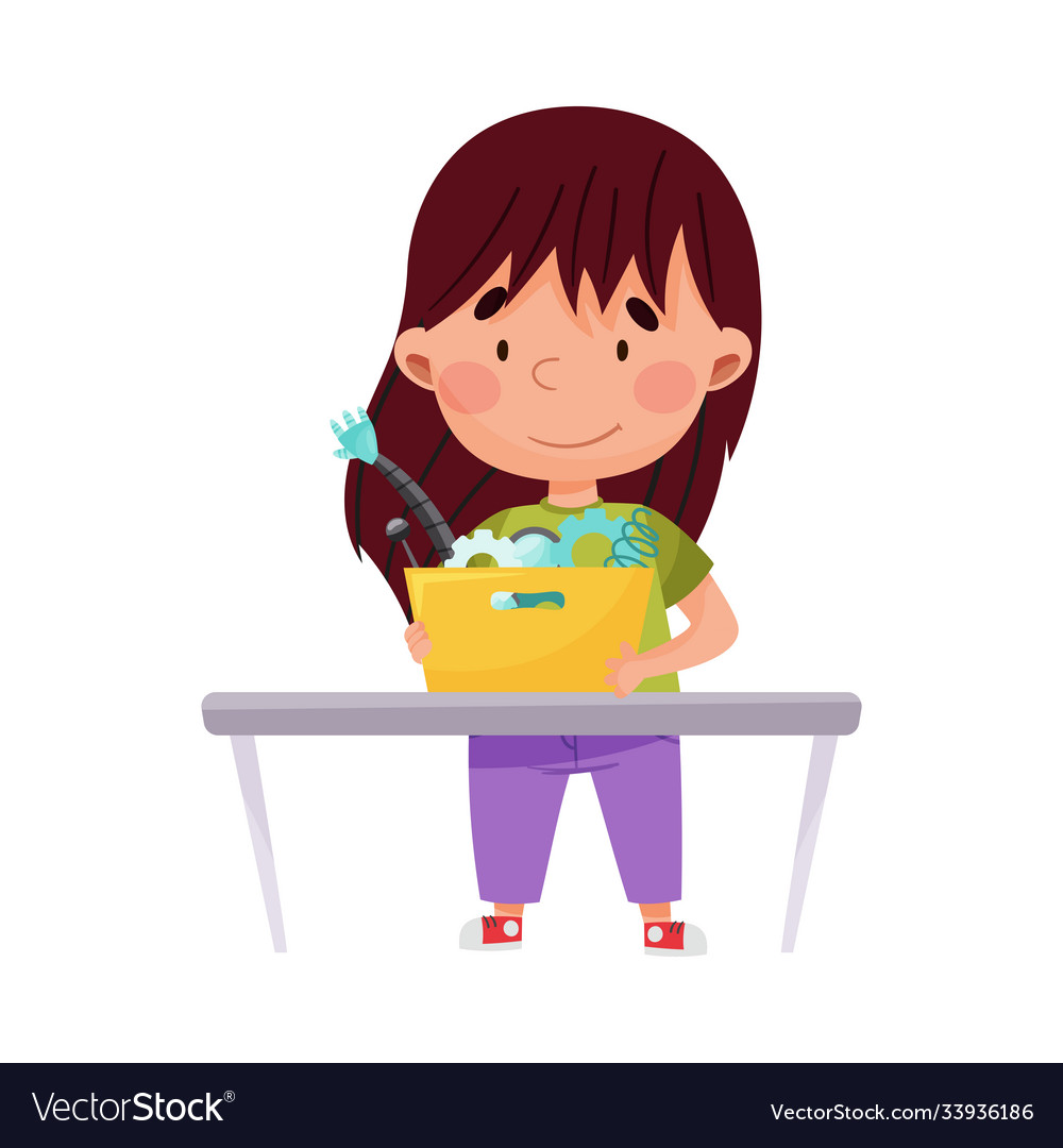 Smiling girl engineering and configurating robot