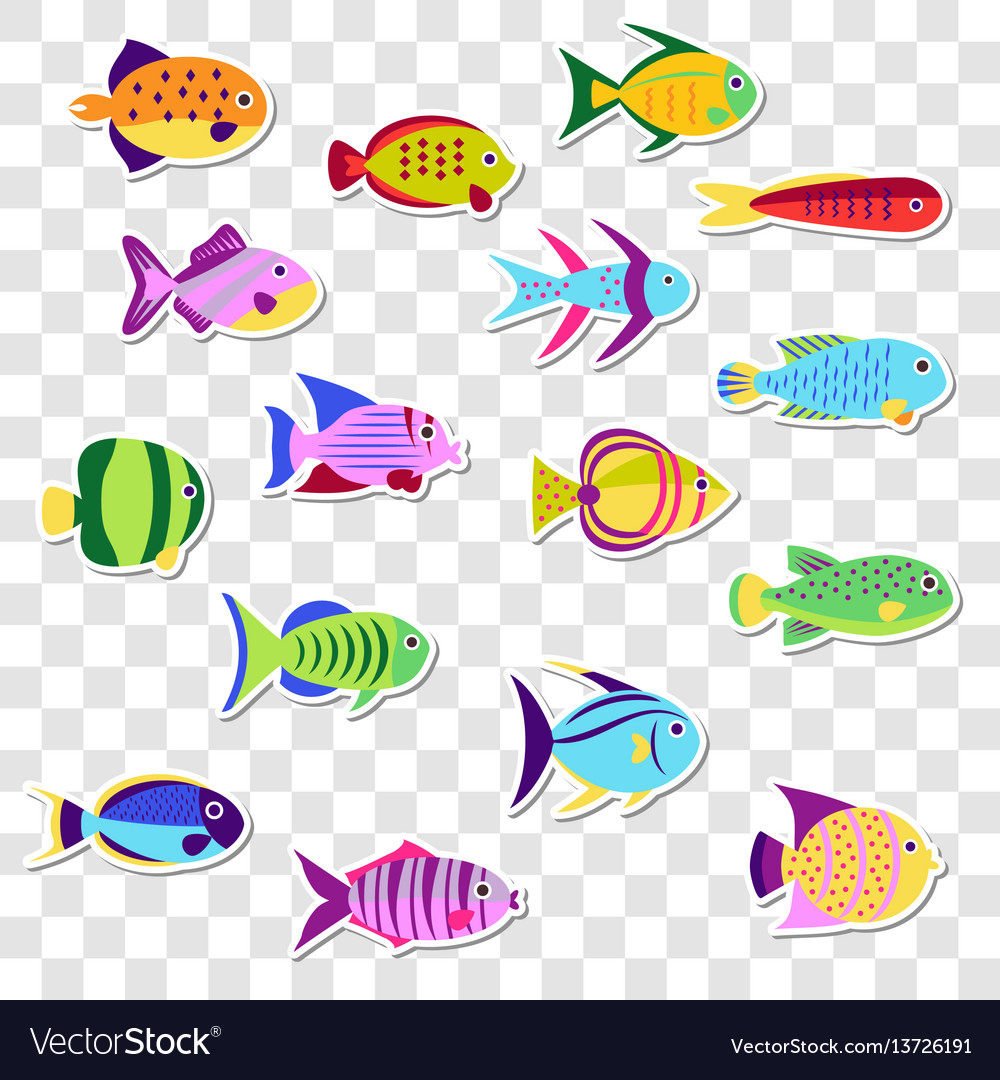 Cute stickers of sea marine fish set o Royalty Free Vector