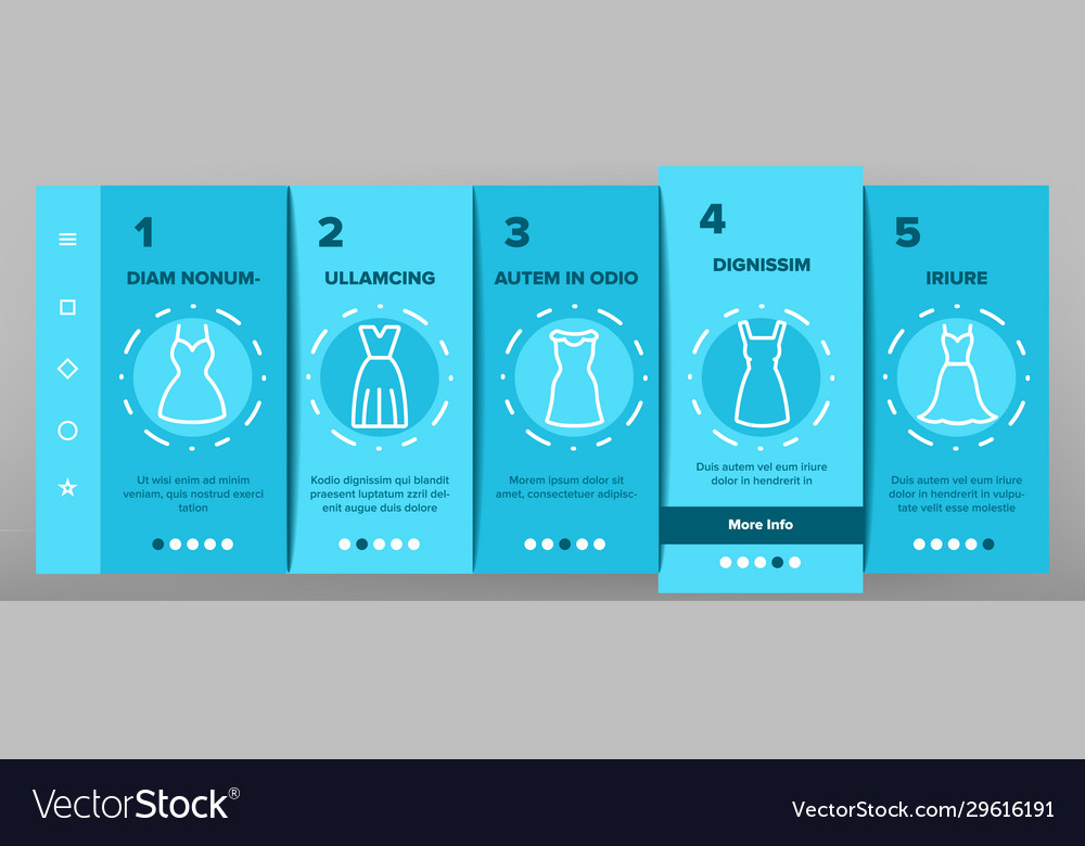 Kleid Mode weibliche Onboarding Icons Set